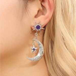 Stainless Steel Crescent Moon and Star Dangle Earrings Purple Cubic Zirconia